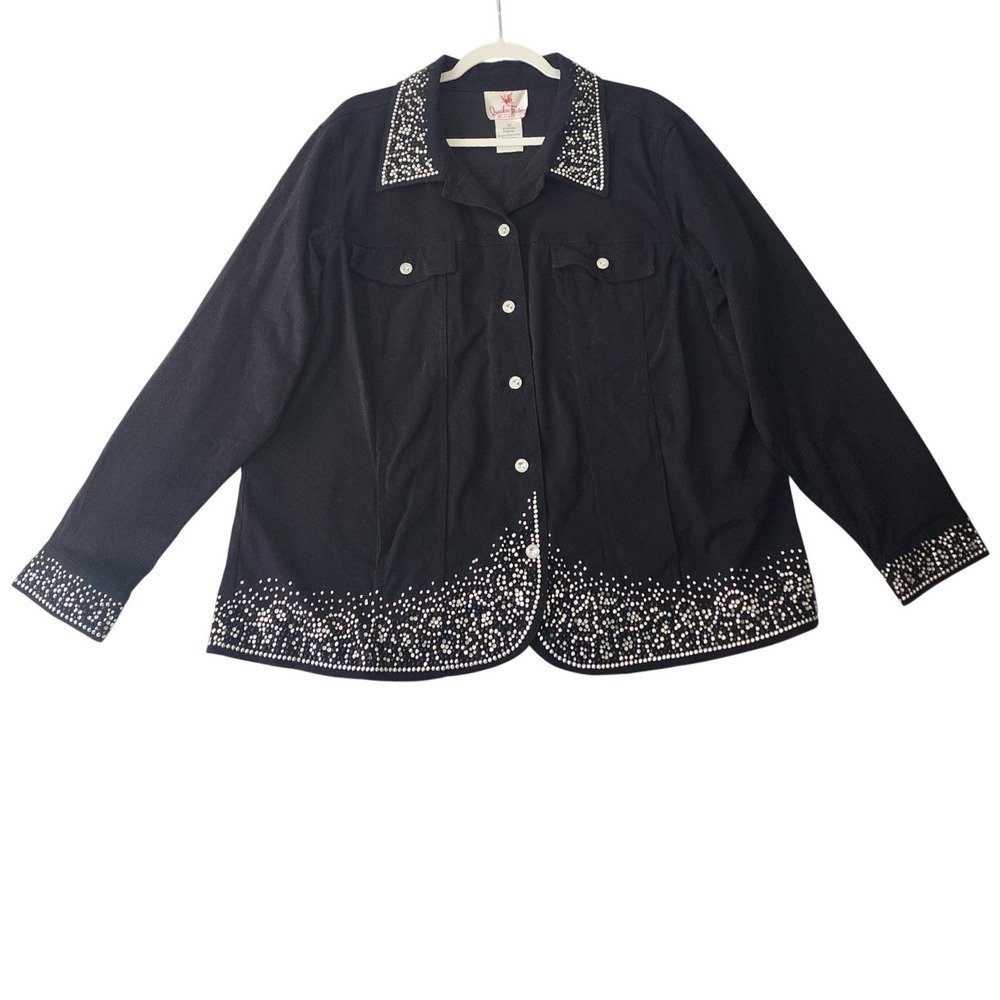 Quacker Factory Black Rhinestone Embellished Button Front Jacket Womens 1X